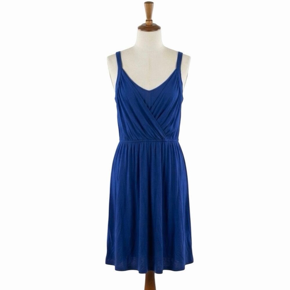 Ann Taylor LOFT Blue Faux Wrap Sleeveless Dress Size M Rayon Jersey Soft